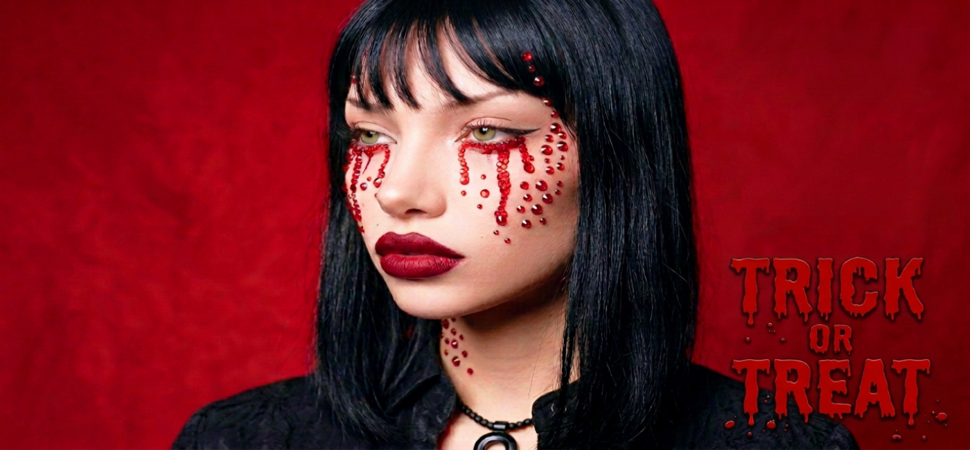 A woman with black hair and dramatic red makeup poses against a textured red background, with red dripping face paint and the text 'TRICK OR TREAT' on the right.